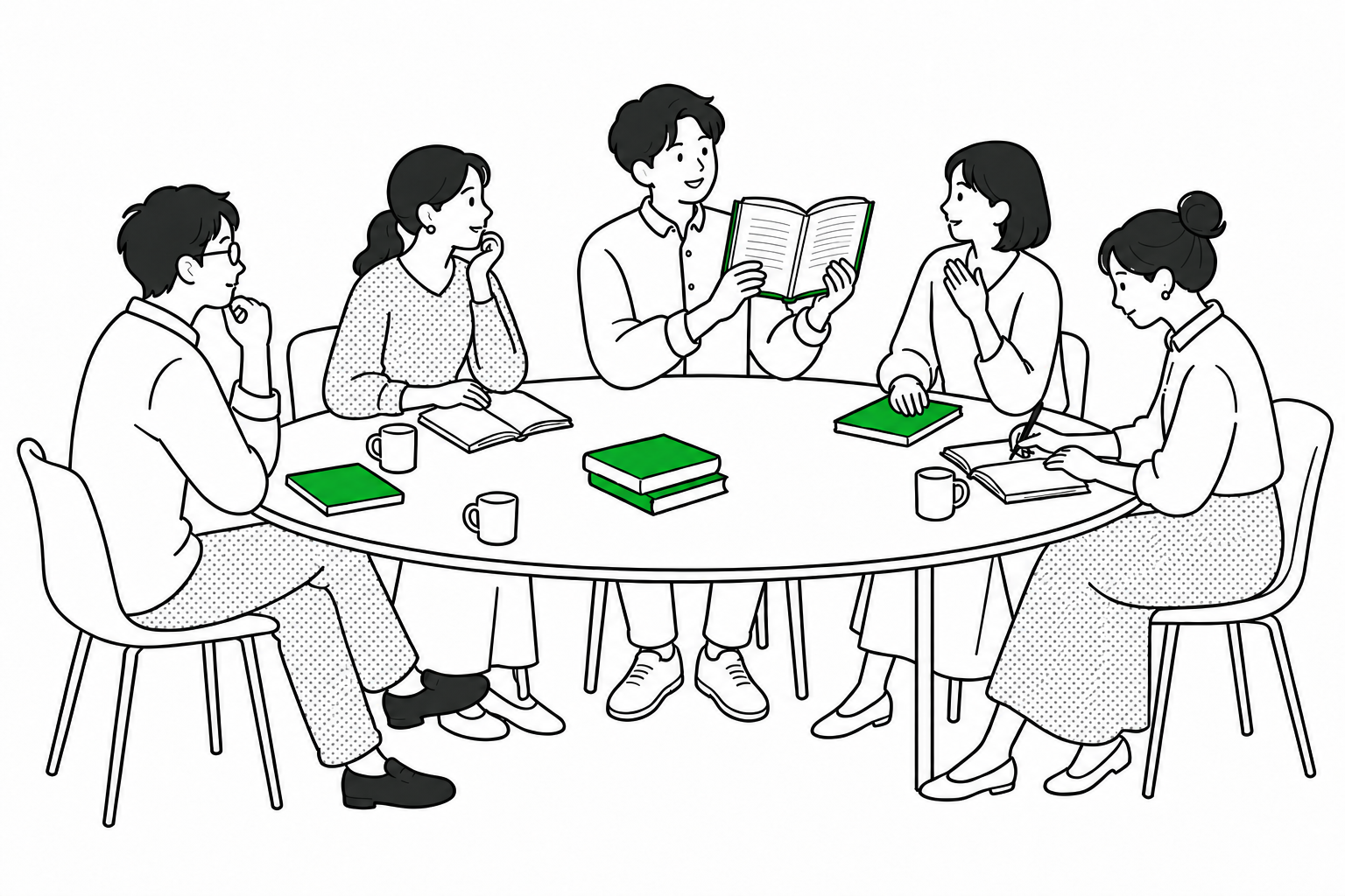 テーブルを囲んだ5人が本を開いて語り合う読書会の全景イラスト