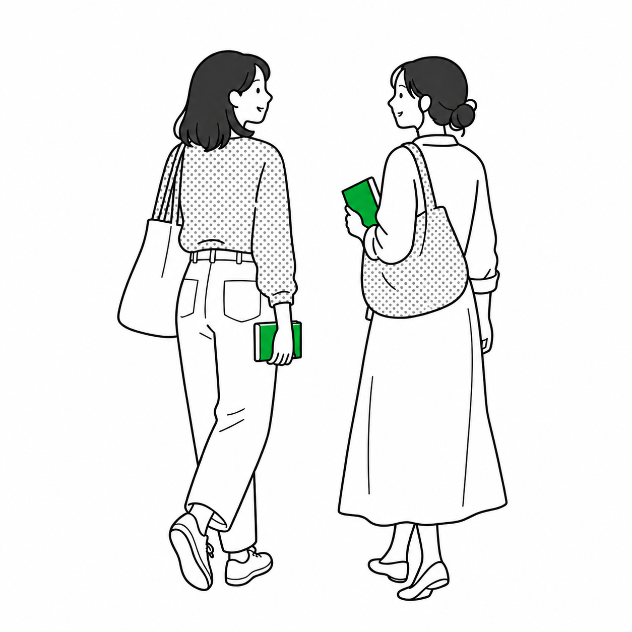 本を持って並んで歩く2人のイラスト